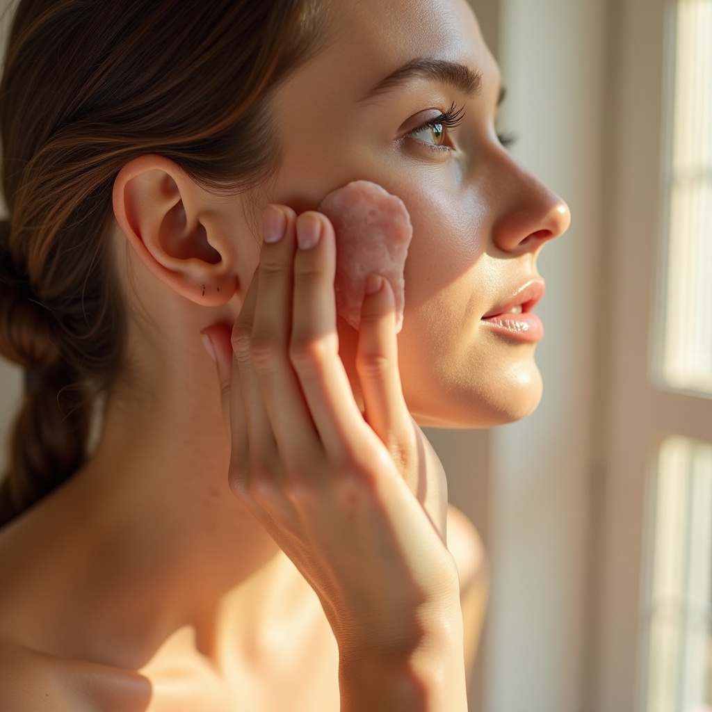 Gua sha de cuarzo rosa Lumatell deslizando por el rostro